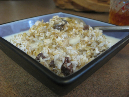 This Nourishing Traditions inspired cold cereal is mildly sweetened with honey and served with raw milk. YUM.