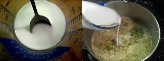 Mix arrowroot powder or cornstarch with water until smooth. Pour into soup and cook until thickened.