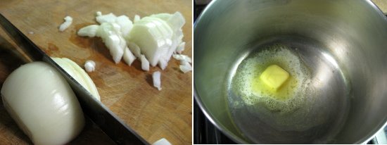 Dice onions and celery. Melt butter over medium heat.