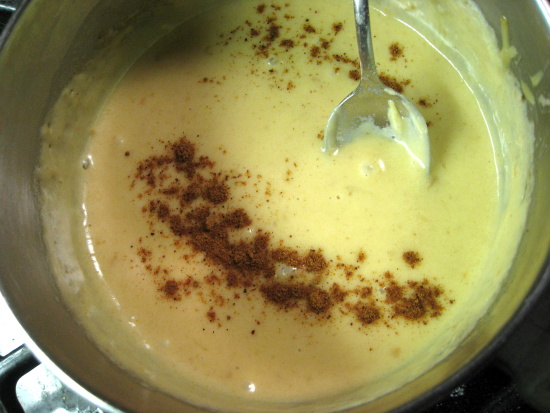 Youll have a thick, rich, creamy sauce. Now add a dash of nutmeg. Stir.