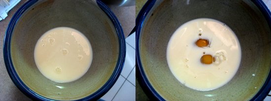 Meanwhile, pour milk into a mixing bowl. Add in 4 eggs.
