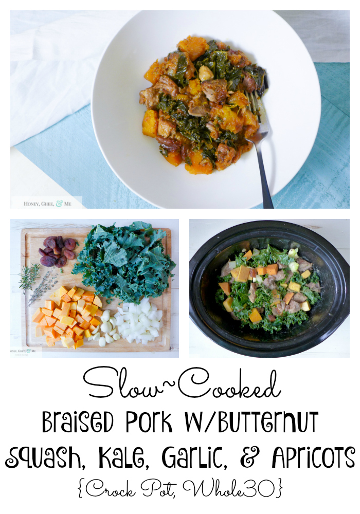 Braised Pork wButternut Squash, Kale, Garlic, & Apricots {Crock Pot, Whole30}