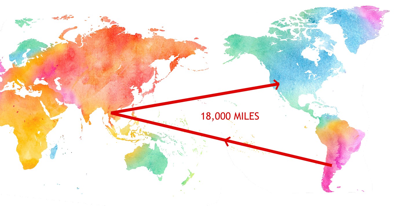 how far food travel pears argentina thailand us